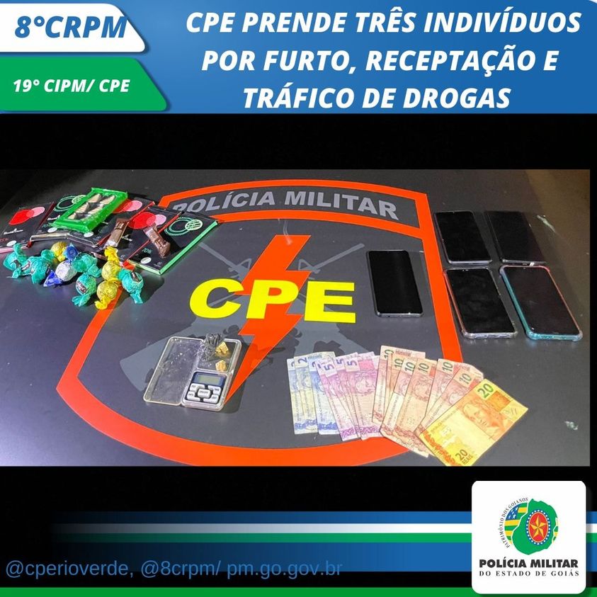 CPE realiza a prisão de três indivíduos por furto, receptação e tráfico de drogas