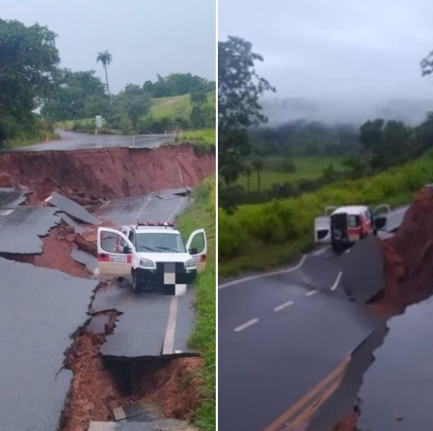 Cratera se abre em rodovia e quase ‘engole’ ambulância em Minas Gerais
