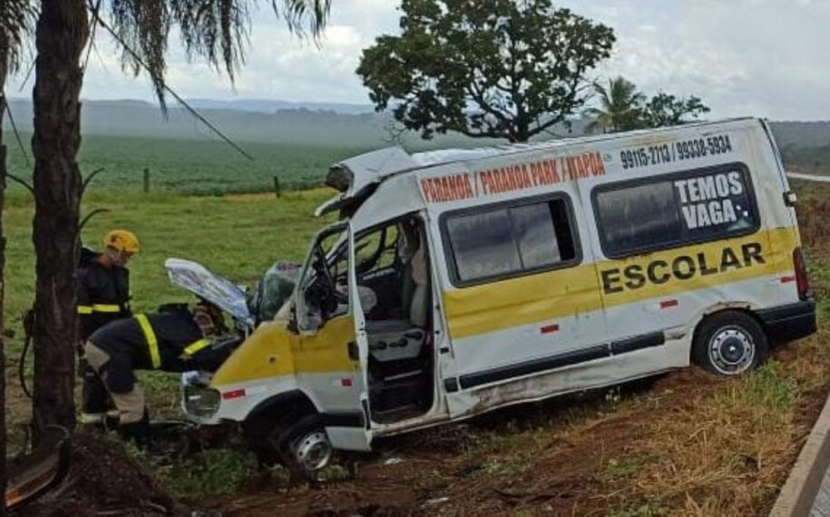 Van escolar sem controle sai da pista e colide contra coqueiro em Formosa