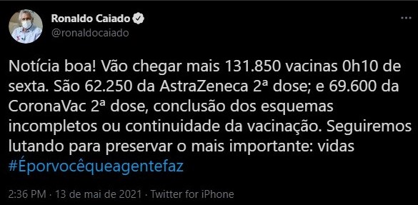 Caiado anuncia chegada de mais 131.850 vacinas